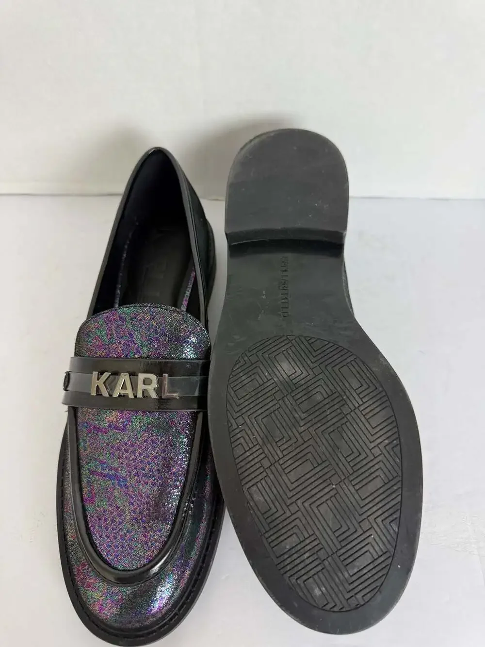 Karl Lagerfeld Paris Randall Iridescent Glitter Loafers with Metal Logo